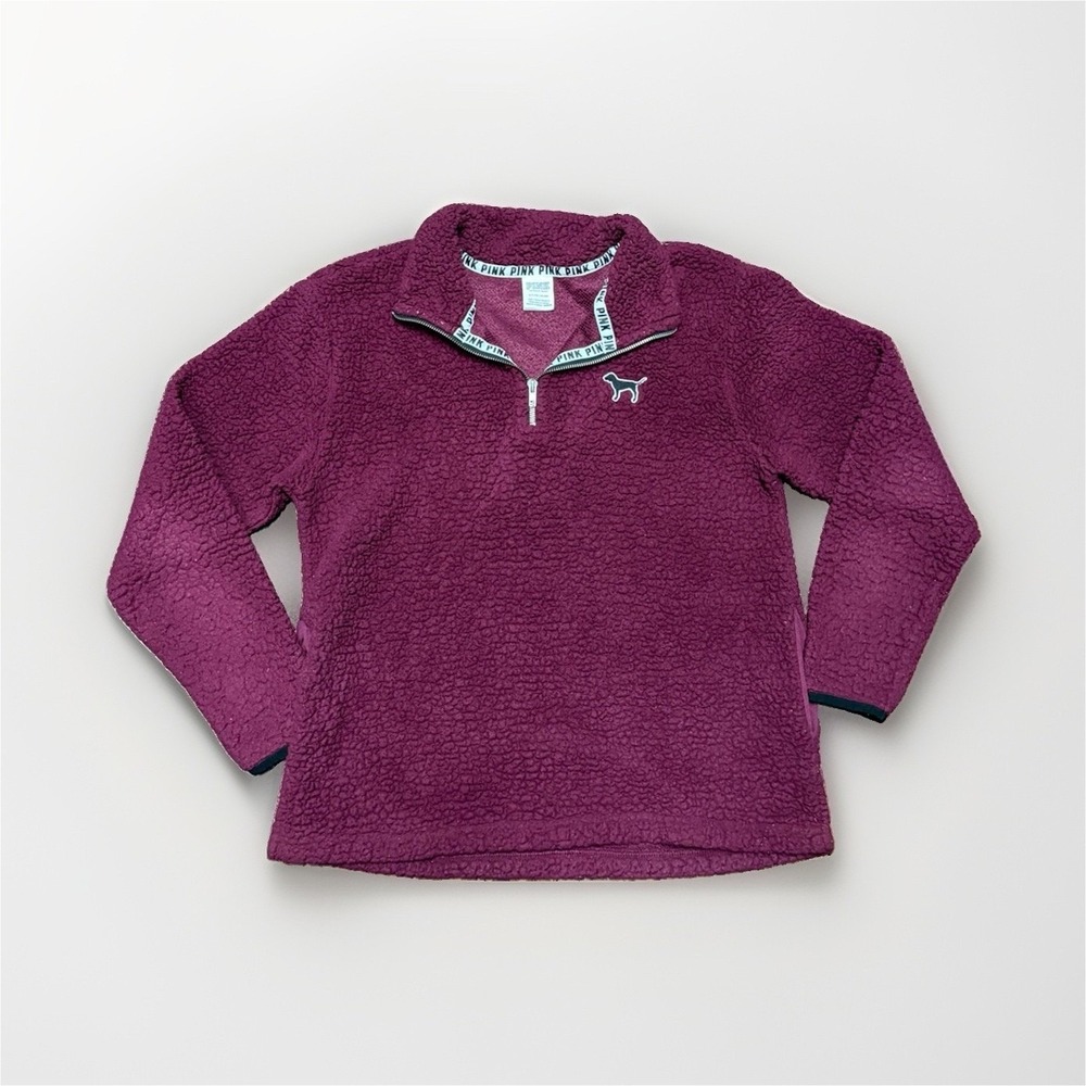 PINK Victoria's Secret Burgundy Sherpa Fleece 1/4 Zip Logo Sweatshirt S